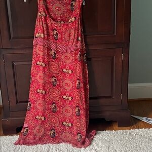 Johnny Was Red and Black Patterned Silk Midi Dress